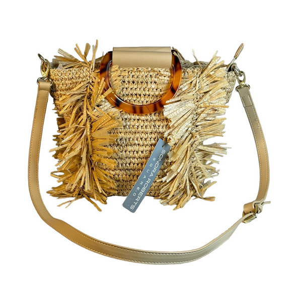 Sondra Roberts Boho Beach Fringe Squared Natural Straw Raffia Weave Bag Purse - Picture 1 of 15